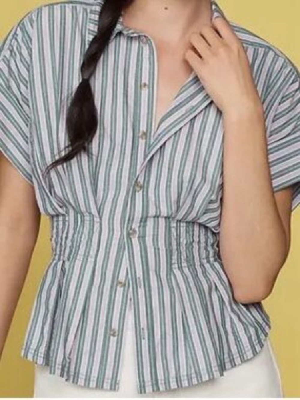 Anthro Pilcro Green & White Vertical-Stripe Short Sleeve Button-Down